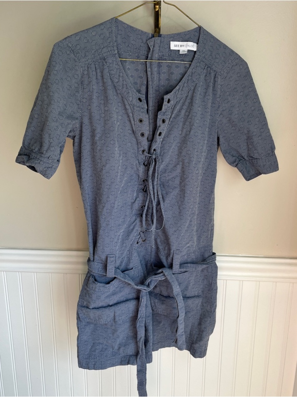 See by Chloé Blue Micro-Pattern Utility Romper, Lace Up Front, 100% Cotton, 2